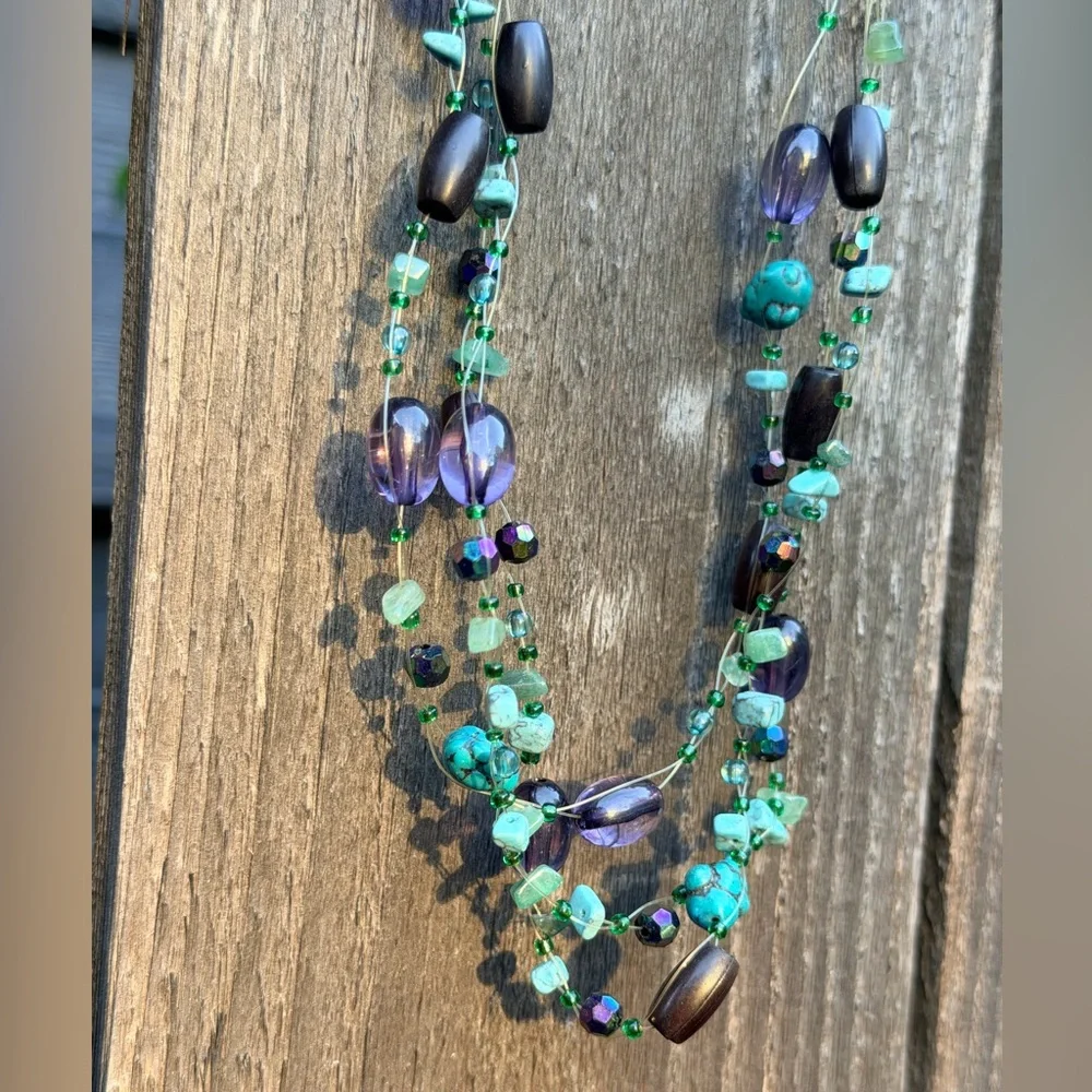 Vintage Purple and Teal necklace set 18in glass beads festival multi strand